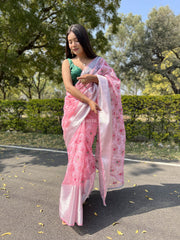 Pink Embroidery Work Organza Soft Saree