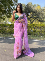 soft printed design pure organza taffy pink   saree with contrasted blouse