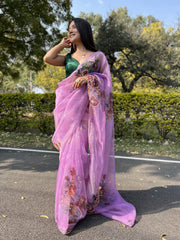 soft printed design pure organza taffy pink   saree with contrasted blouse