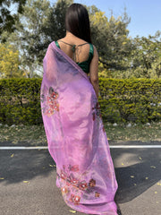 soft printed design pure organza taffy pink   saree with contrasted blouse