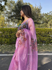 soft printed design pure organza taffy pink   saree with contrasted blouse