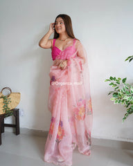 Light Flower Peach Pure Organza Saree