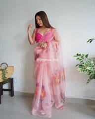 Light Flower Peach Pure Organza Saree