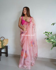 Light Flower Peach Pure Organza Saree