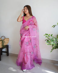 Light Flower Pink Pure Organza Saree