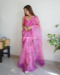 Light Flower Pink Pure Organza Saree