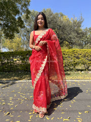 Awesome Lace Work On Bridal Red  Organza Special Saree