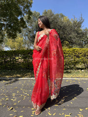 Awesome Lace Work On Bridal Red  Organza Special Saree