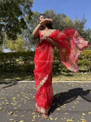 Awesome Lace Work On Bridal Red  Organza Special Saree