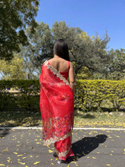 Awesome Lace Work On Bridal Red  Organza Special Saree