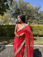 Awesome Lace Work On Bridal Red  Organza Special Saree