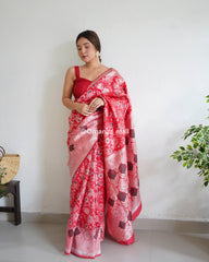 Botanical Silver Zari Forest Red Banarasi Silk Saree