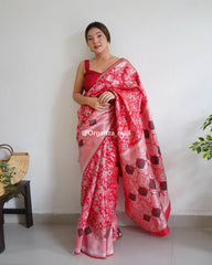 Botanical Silver Zari Forest Red Banarasi Silk Saree