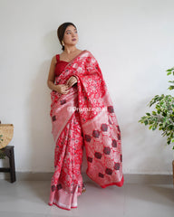 Botanical Silver Zari Forest Red Banarasi Silk Saree