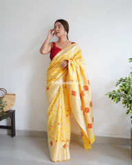 Botanical Silver Zari Forest Yellow Banarasi Silk Saree