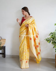 Botanical Silver Zari Forest Yellow Banarasi Silk Saree