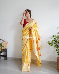 Botanical Silver Zari Forest Yellow Banarasi Silk Saree