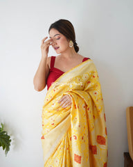 Botanical Silver Zari Forest Yellow Banarasi Silk Saree