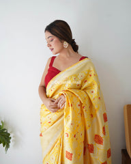 Botanical Silver Zari Forest Yellow Banarasi Silk Saree