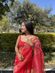 Stylish Red Organza Special Saree