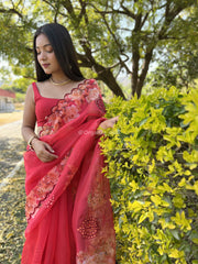 Stylish Red Organza Special Saree