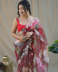 Exclusive Digital Print With Handwork On  Red Saree