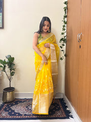 Imperial zari Worked Pure  Organza Yellow Saree