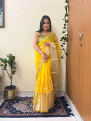 Imperial zari Worked Pure  Organza Yellow Saree