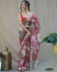 Exclusive Digital Print With Handwork On  Red Saree