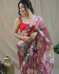 Exclusive Digital Print With Handwork On  Red Saree