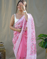 Lucknowi Chikankari Pink Organza Silk Saree