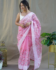 Lucknowi Chikankari Pink Organza Silk Saree