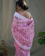 Lucknowi Chikankari Pink Organza Silk Saree