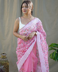 Lucknowi Chikankari Pink Organza Silk Saree