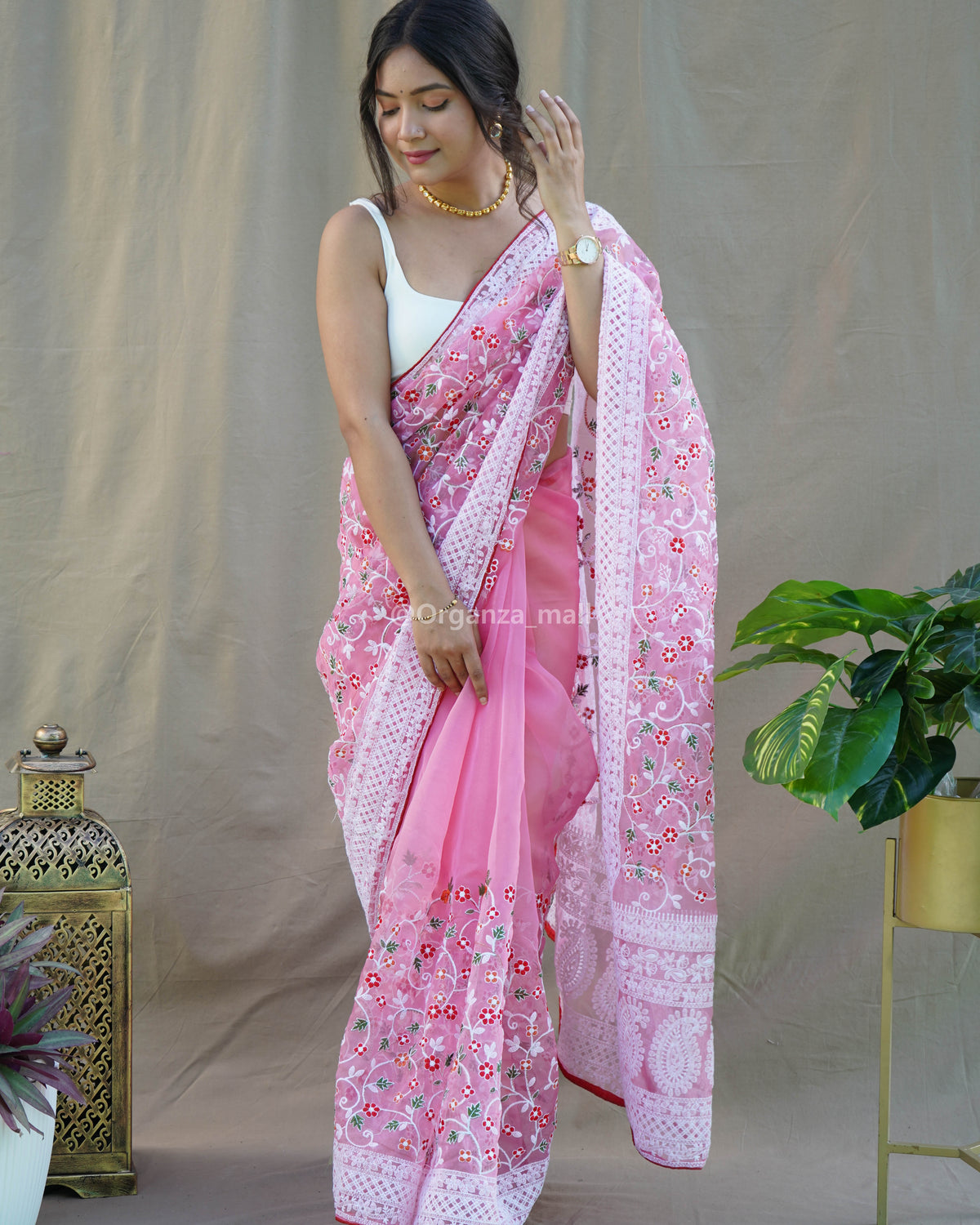 Lucknowi Chikankari Pink Organza Silk Saree