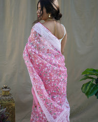 Lucknowi Chikankari Pink Organza Silk Saree