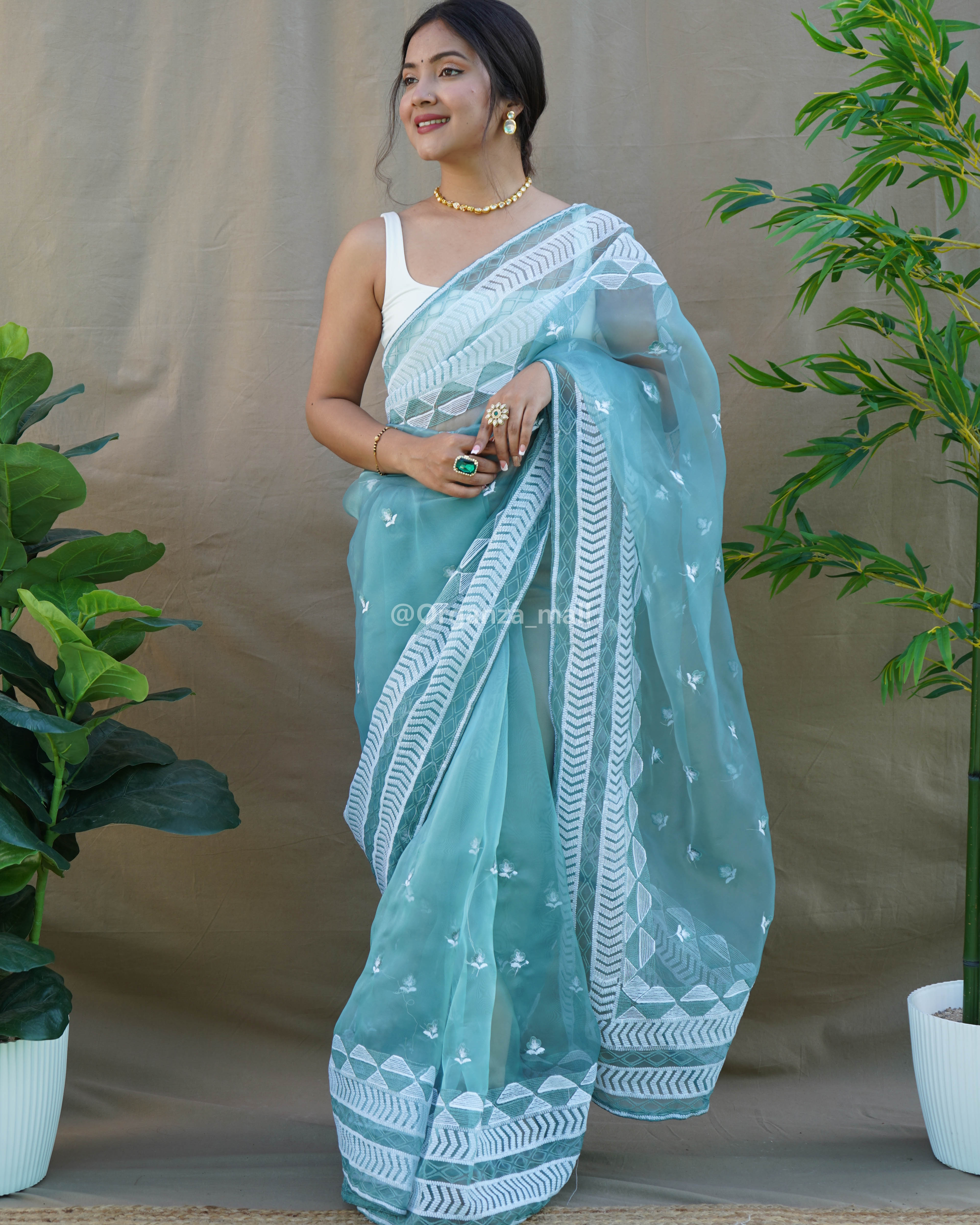 Cutdana Worked Saree in Organza - PSADK3746-Light Blue from saree.com