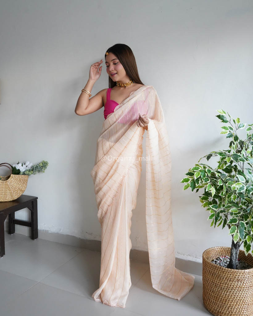 Blissful Peach Color Sequencing Lining Pure Organza Soft Saree