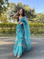 Grey Printed Lace French Blue Organza Saree