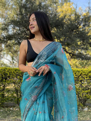 Grey Printed Lace French Blue Organza Saree