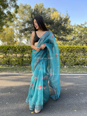 Grey Printed Lace French Blue Organza Saree