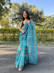 Grey Printed Lace French Blue Organza Saree