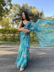 Grey Printed Lace French Blue Organza Saree