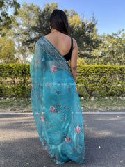 Grey Printed Lace French Blue Organza Saree