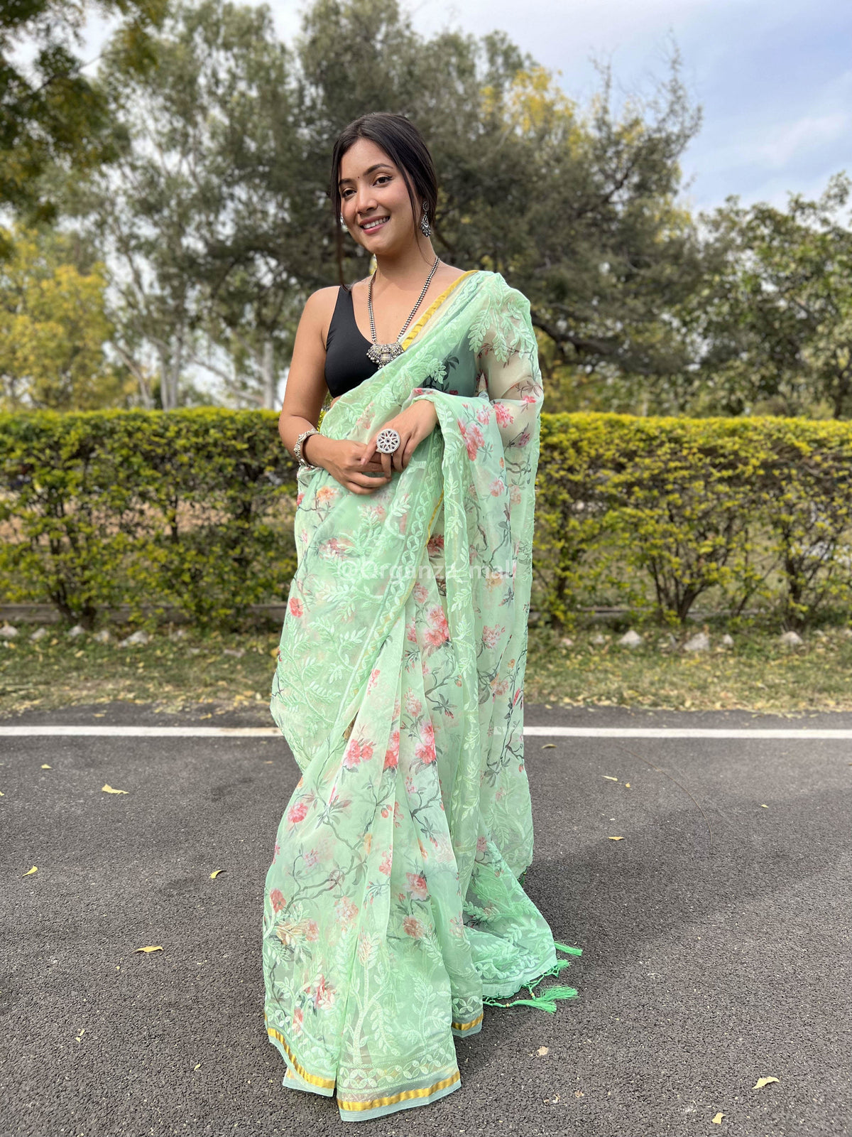 Full Embroidery Work Golden Border Pure  Organza Mint Green Saree