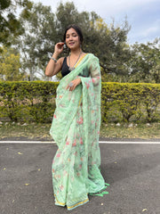 Full Embroidery Work Golden Border Pure  Organza Mint Green Saree