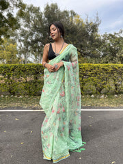 Full Embroidery Work Golden Border Pure  Organza Mint Green Saree