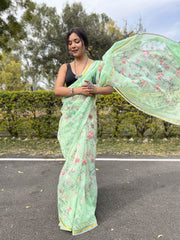 Full Embroidery Work Golden Border Pure  Organza Mint Green Saree