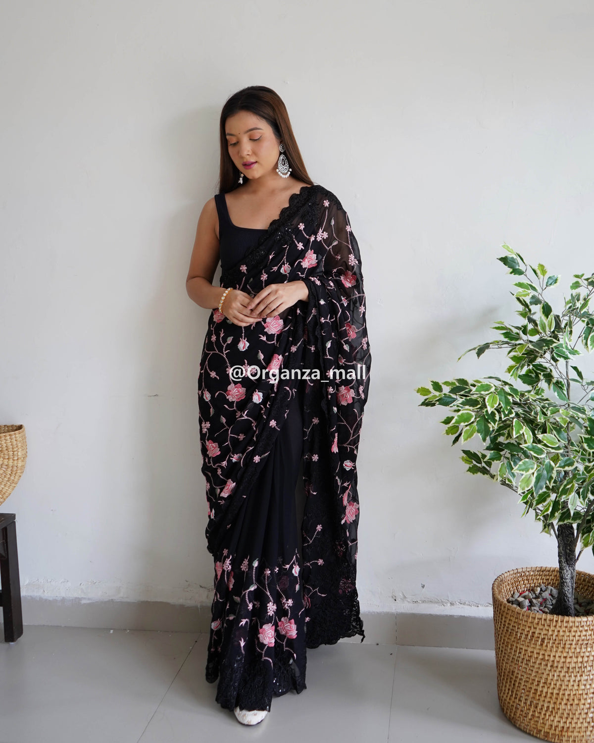 Black Floral Embroidery Worked Pure Georgette Saree