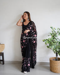 Black Floral Embroidery Worked Pure Georgette Saree